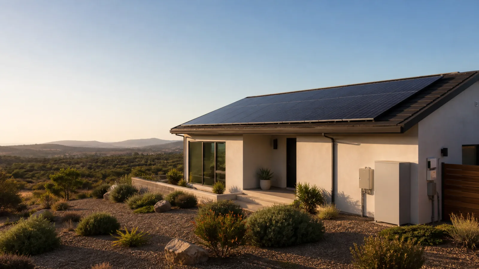 Contemporary home with rooftop solar panels and a home energy storage cabinet